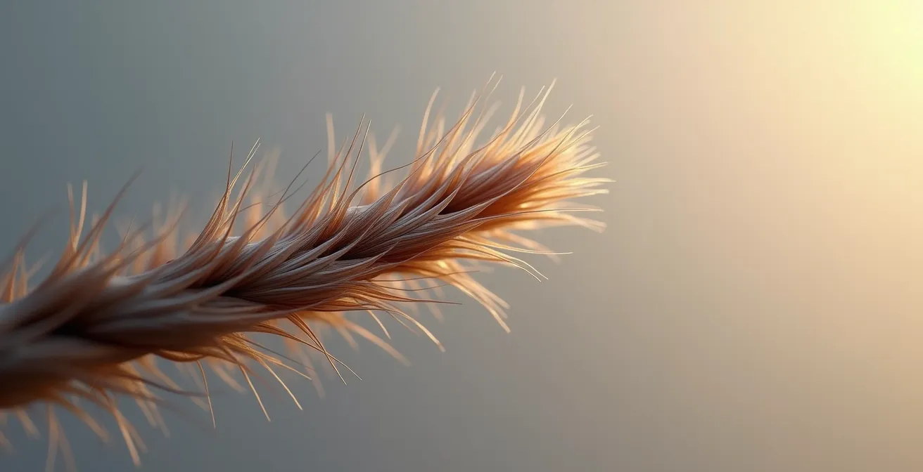 Vue macro détaillée d'un cheveu montrant les écailles et la texture naturelle