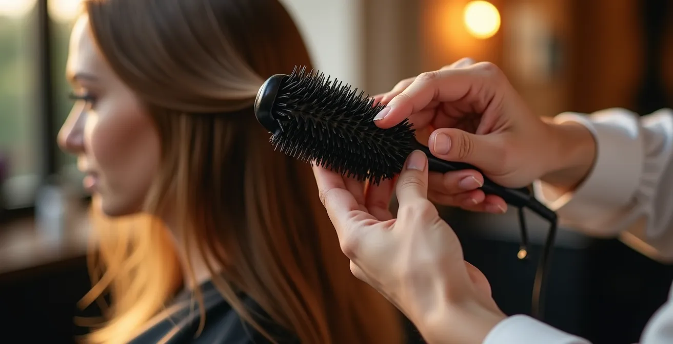 Mains de coiffeur créant une tension parfaite avec brosse ronde sur mèche de cheveux
