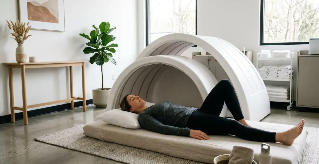 Athlète en tenue de sport allongé sous un dôme infrarouge dans une salle lumineuse, ambiance récupération active