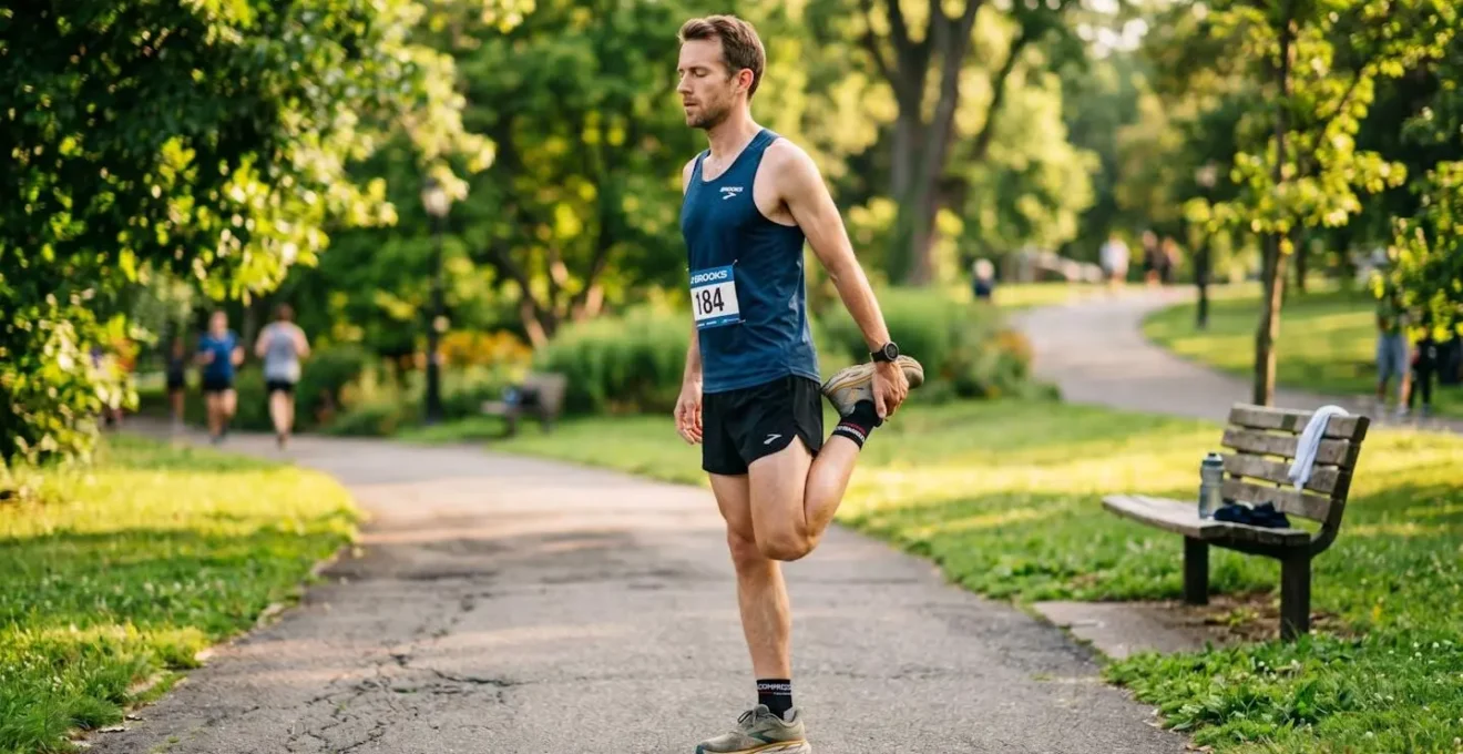 Coureur effectuant des étirements debout dans un parc urbain au lever du soleil, ambiance matinale paisible
