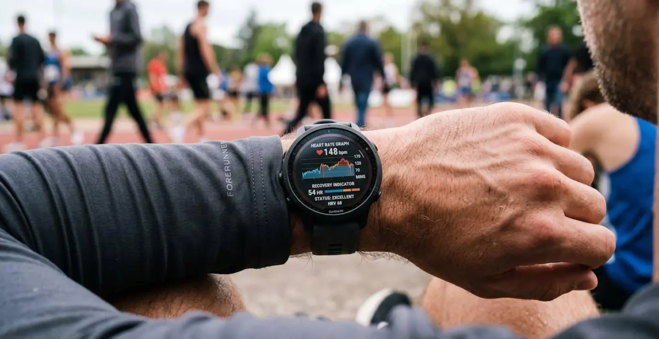 Gros plan sur une montre connectée au poignet d'un sportif affichant des données de fréquence cardiaque et récupération