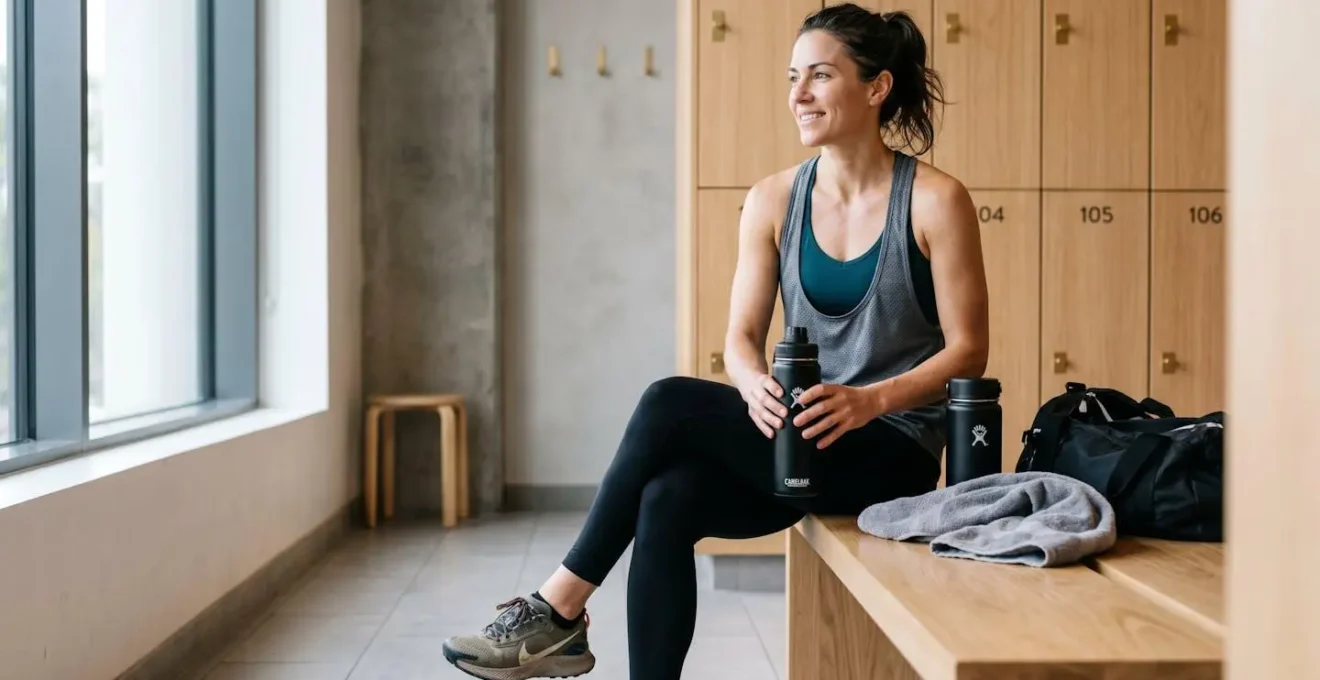 Sportive assise dans un vestiaire moderne après l'entraînement, serviette autour du cou et bouteille d'eau à la main